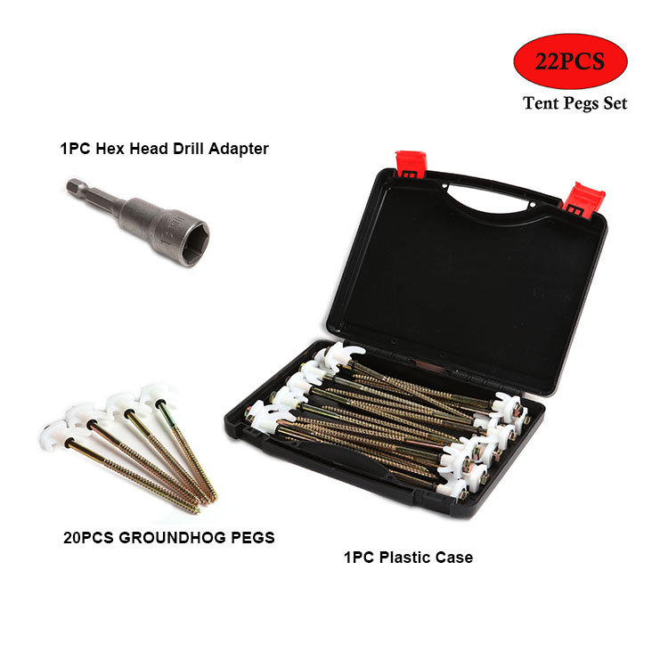 China Manufacturer 22PCS Power Tent Pegs Pack with Plastic Case,Camping Hex Peg Outdoor Grounding Rock Peg Set ,Hex drill bit included ,Ground Stakes Other Camping Accessories