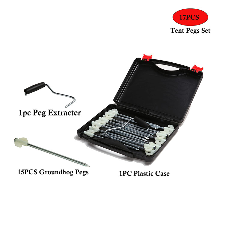 China Manufacturer 17PCS Power Tent Pegs Pack with Plastic Case and Peg Puller Extractor ,Top Gear Hardstanding Grounding Rock Peg Set Camping Accessories Camp Peg - 副本